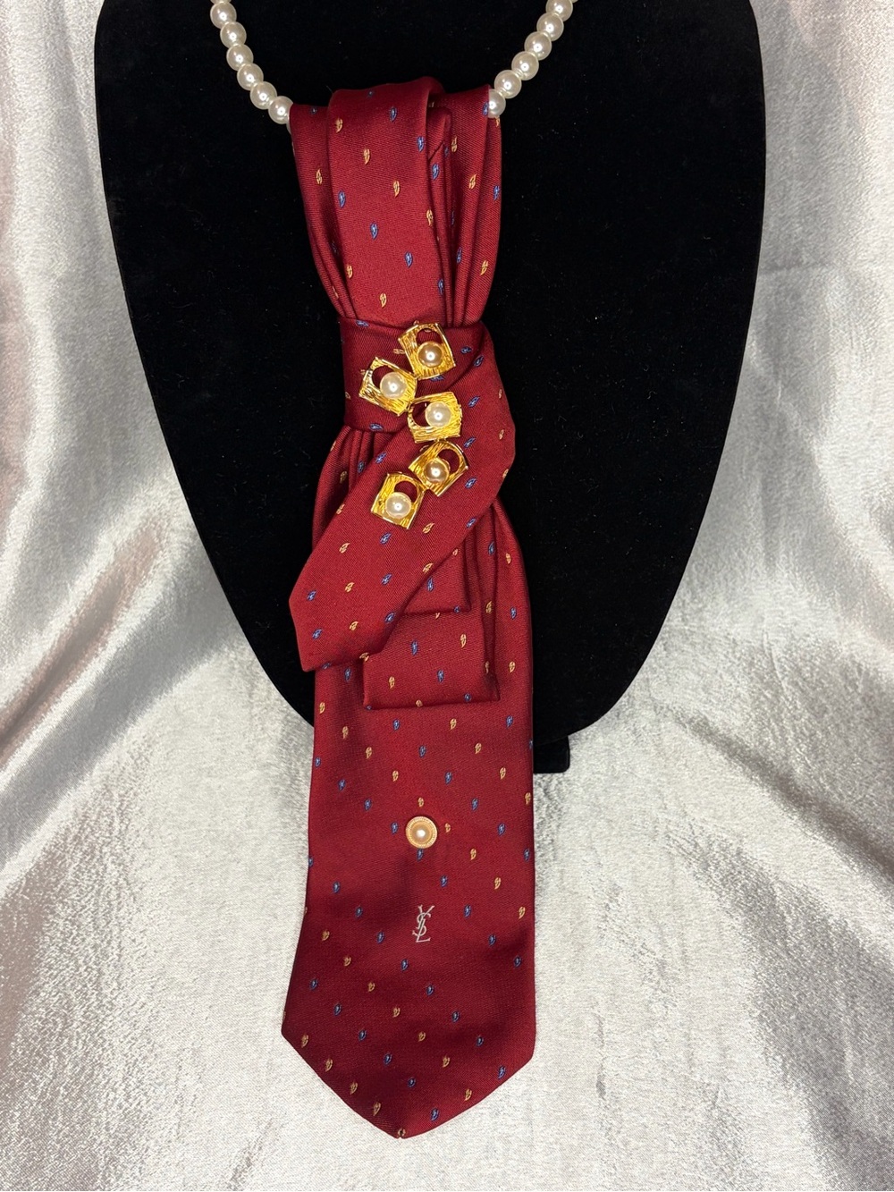 Yves Saint Laurent Burgundy Silk Necktie with Gold-Tone Details